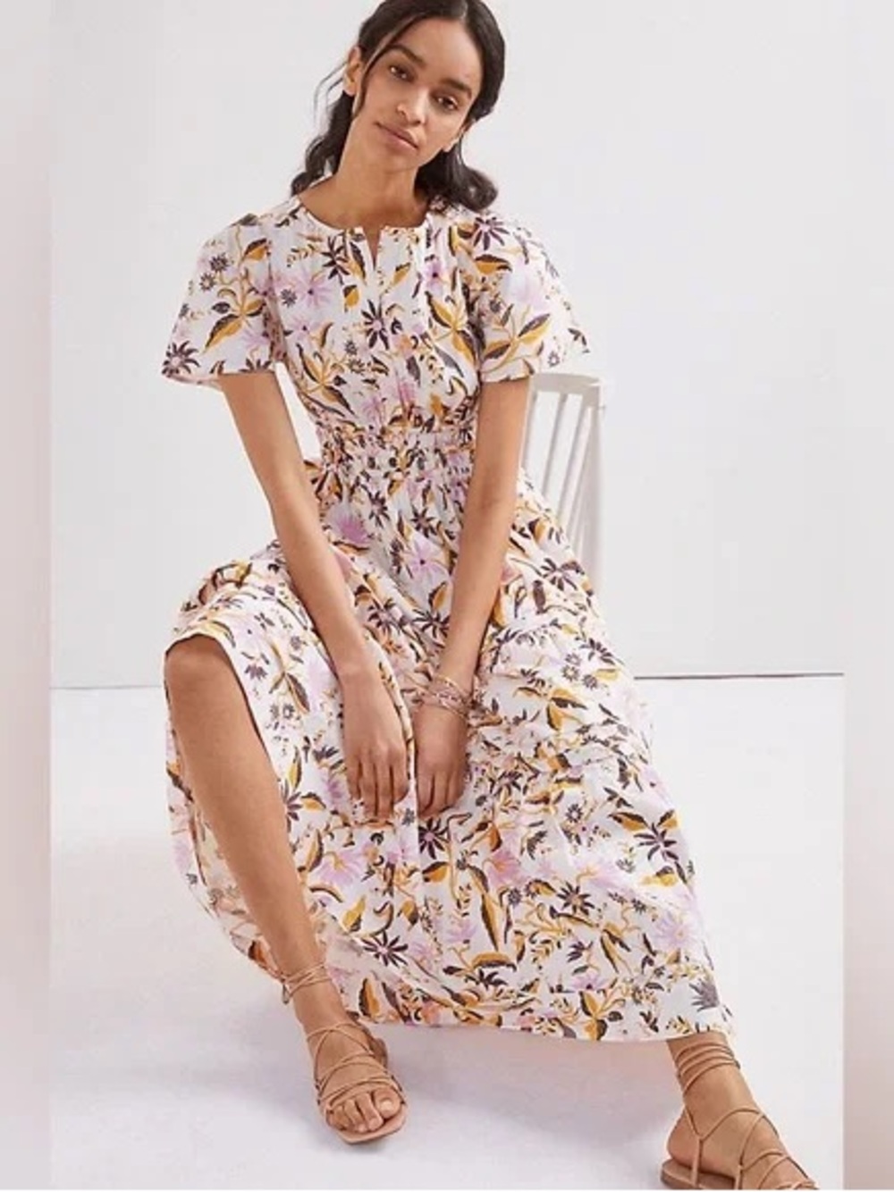 Anthropologie White Maxi Dress with Pink and Yellow Floral Print